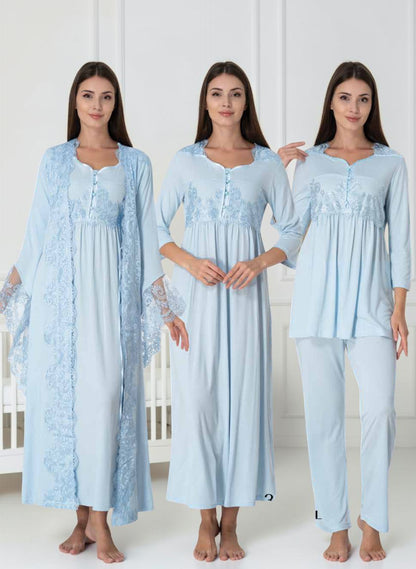 Blue 4-piece maternity set by Mini Plum – nursing nightwear with sweetheart neckline, breastfeeding-friendly, hospital bag ready
