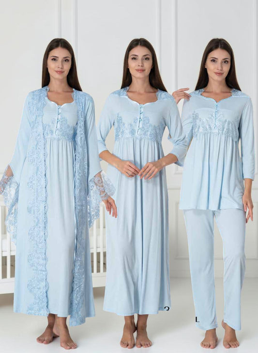 Blue 4-piece maternity set by Mini Plum – nursing nightwear with sweetheart neckline, breastfeeding-friendly, hospital bag ready