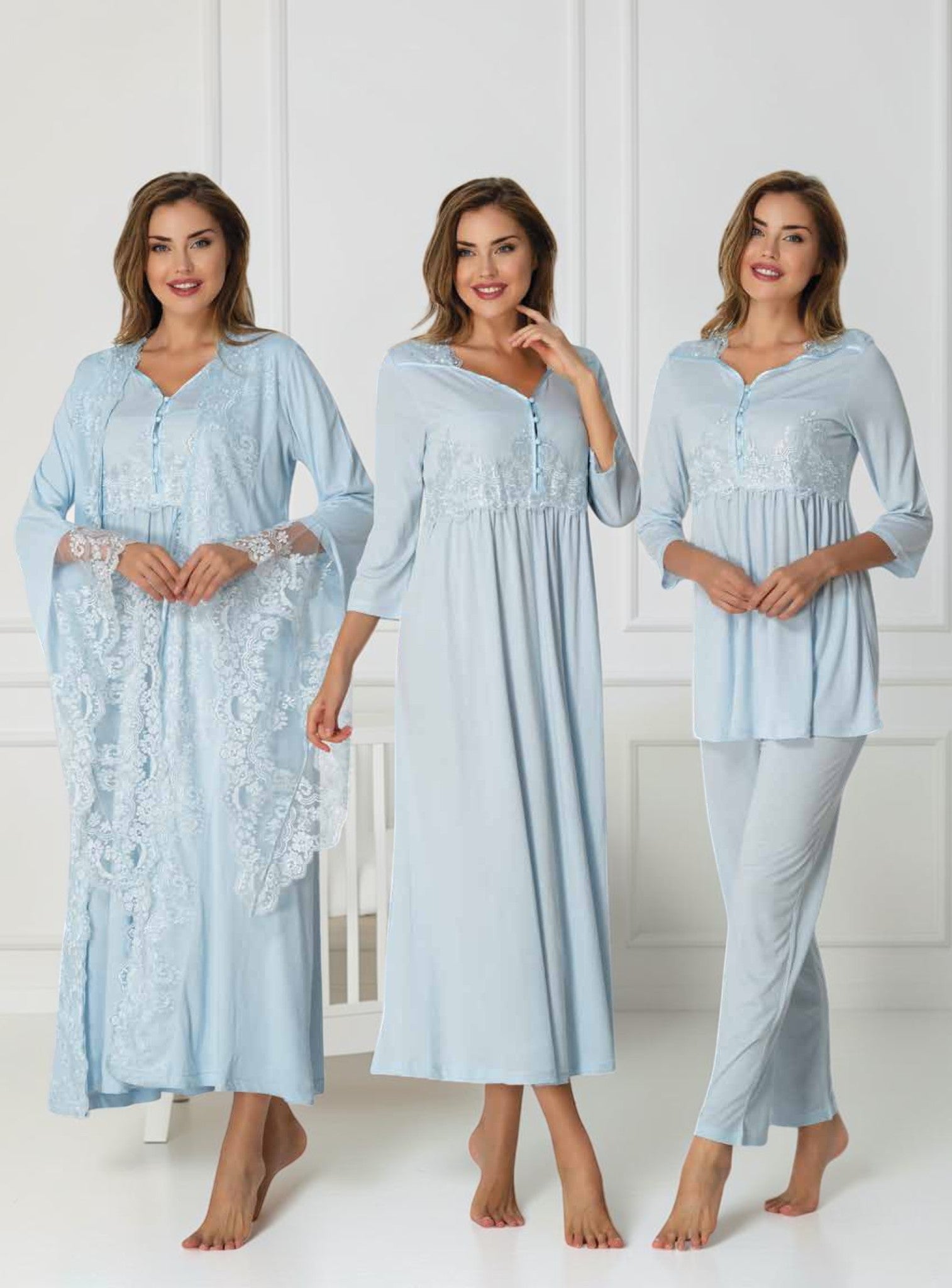 Blue 4-piece maternity set by Mini Plum – lace detail and sweetheart neckline, maternity & nursing