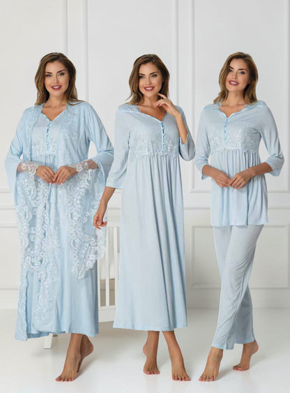 Blue 4-piece maternity set by Mini Plum – lace detail and sweetheart neckline, maternity & nursing