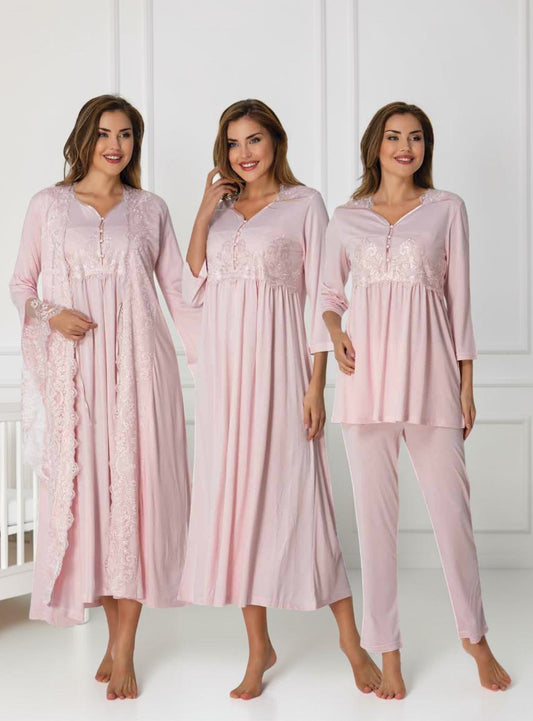 Pink 4-piece maternity set by Mini Plum – nursing nightwear with sweetheart neckline, breastfeeding-friendly, hospital bag ready