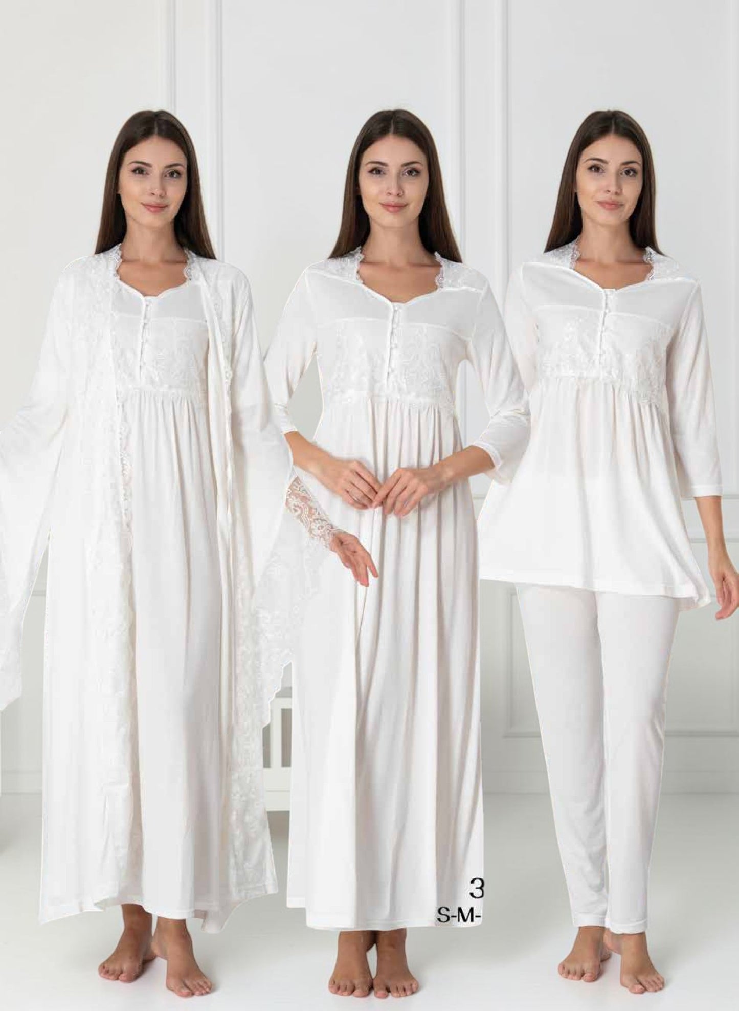 White 4-piece maternity set by Mini Plum – nursing nightwear with sweetheart neckline, breastfeeding-friendly, hospital bag ready