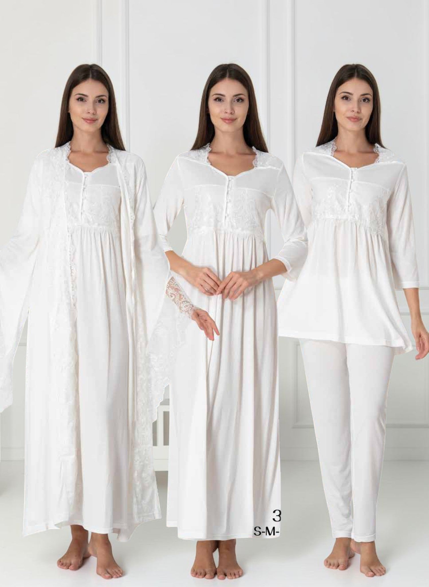White 4-piece maternity set by Mini Plum – nursing nightwear with sweetheart neckline, breastfeeding-friendly, hospital bag ready