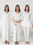 White 4 piece hospital bag set by Mini Plum – breastfeeding-friendly nursing nightie, pyjamas & robe hospital bag set