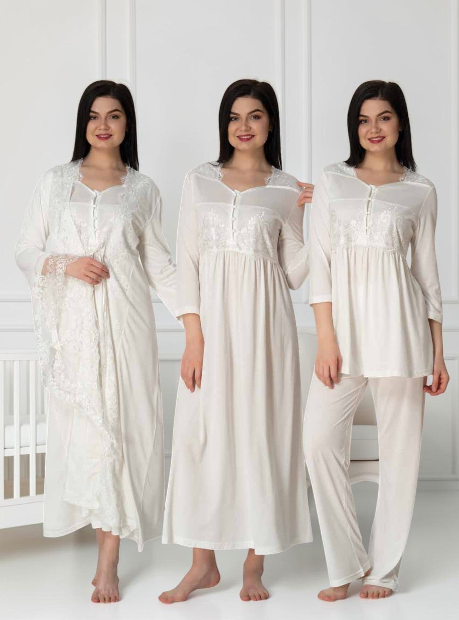 White 4-piece maternity set by Mini Plum – lace detail and sweetheart neckline, maternity & nursing