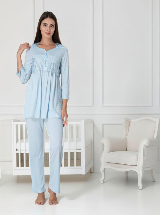 Blue maternity pyjama & robe set by Mini Plum, long sleeve lace robe – nursing & breastfeeding nightwear, postpartum, hospital bag ready
