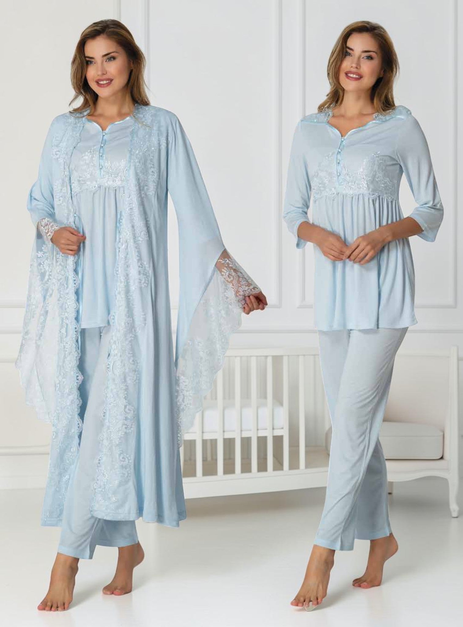 Blue maternity pyjama & robe set by Mini Plum, long sleeve lace robe – nursing & breastfeeding nightwear, postpartum, hospital bag ready