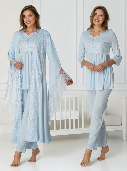 Blue maternity pyjama & robe set by Mini Plum, long sleeve lace robe – nursing & breastfeeding nightwear, postpartum, hospital bag ready