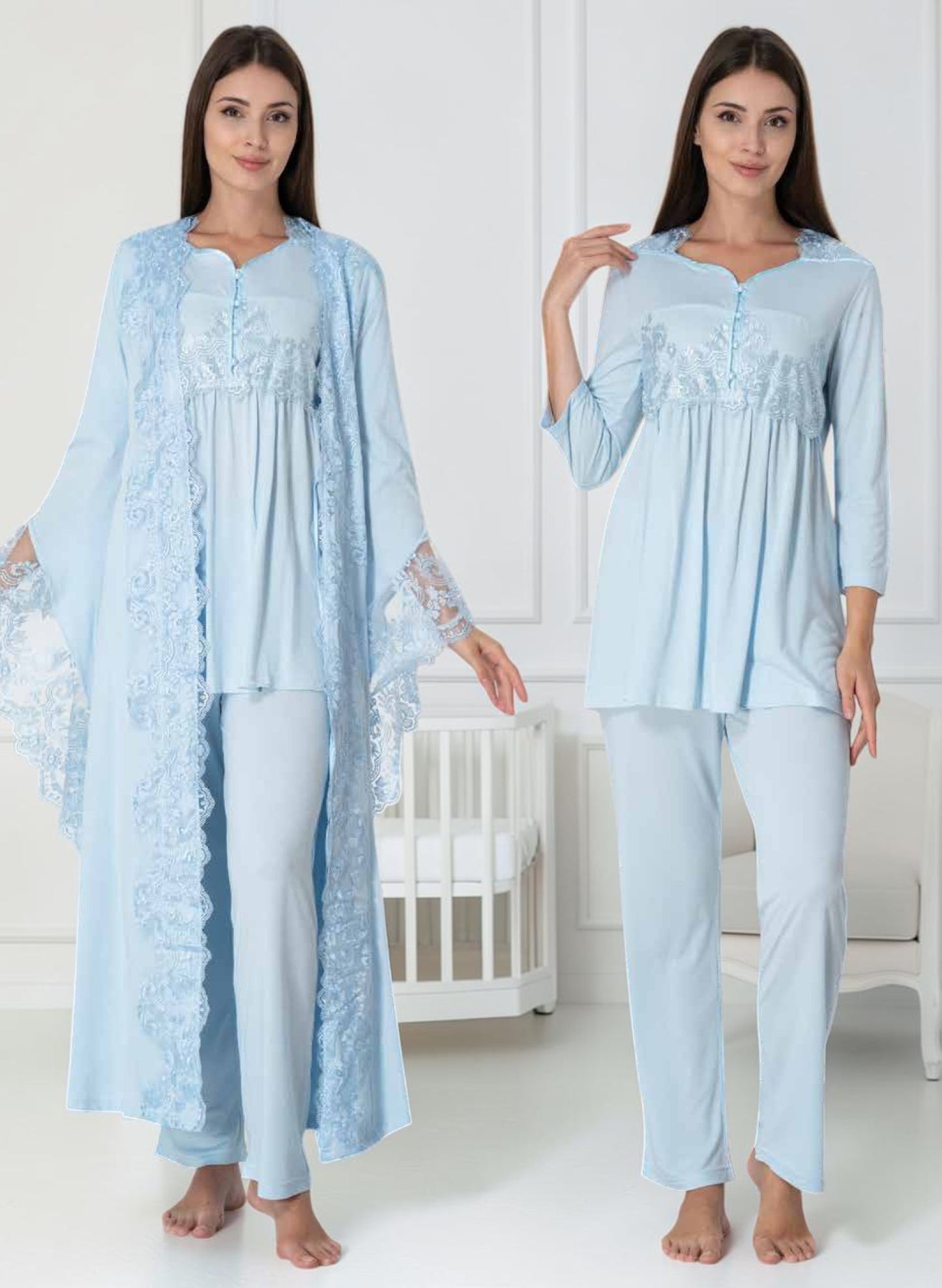 Blue maternity pyjama & robe set by Mini Plum, long sleeve lace robe – nursing & breastfeeding nightwear, postpartum, hospital bag ready