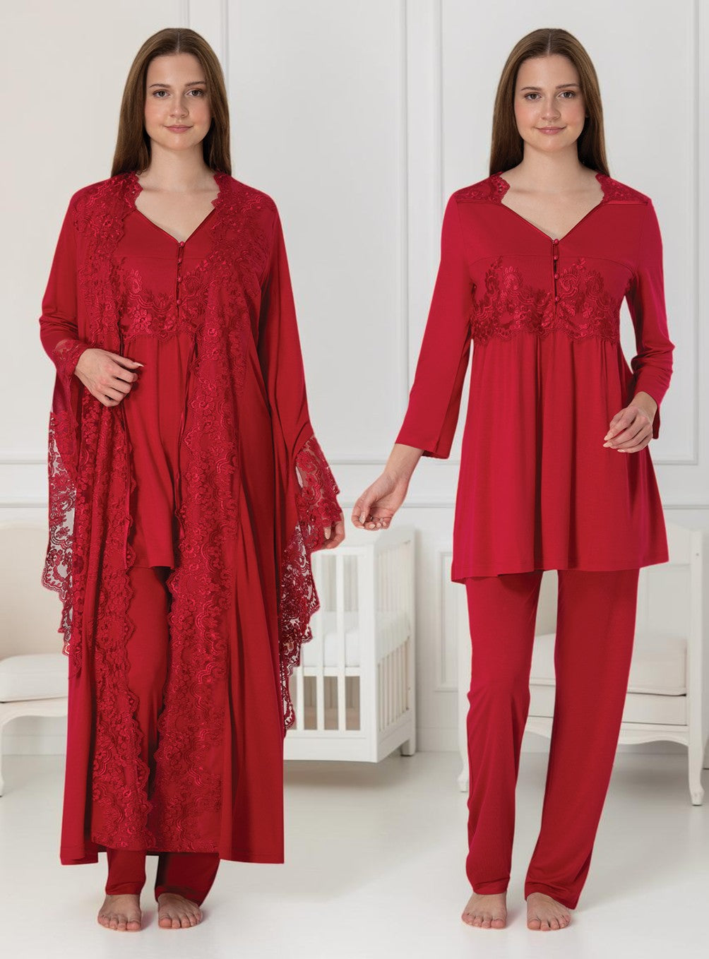Cherry Red maternity pyjama & robe set by Mini Plum, long sleeve lace robe – nursing & breastfeeding nightwear, postpartum, hospital bag ready