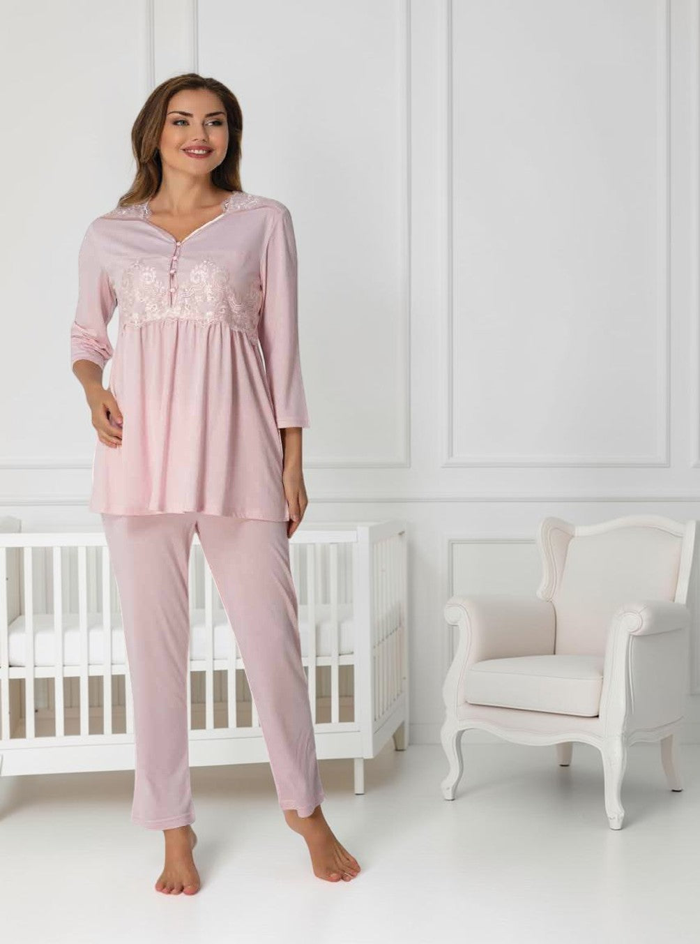 Light Pink maternity pyjama & robe set by Mini Plum – nursing maternity nightwear, breastfeeding button-down, hospital bag & baby shower gift