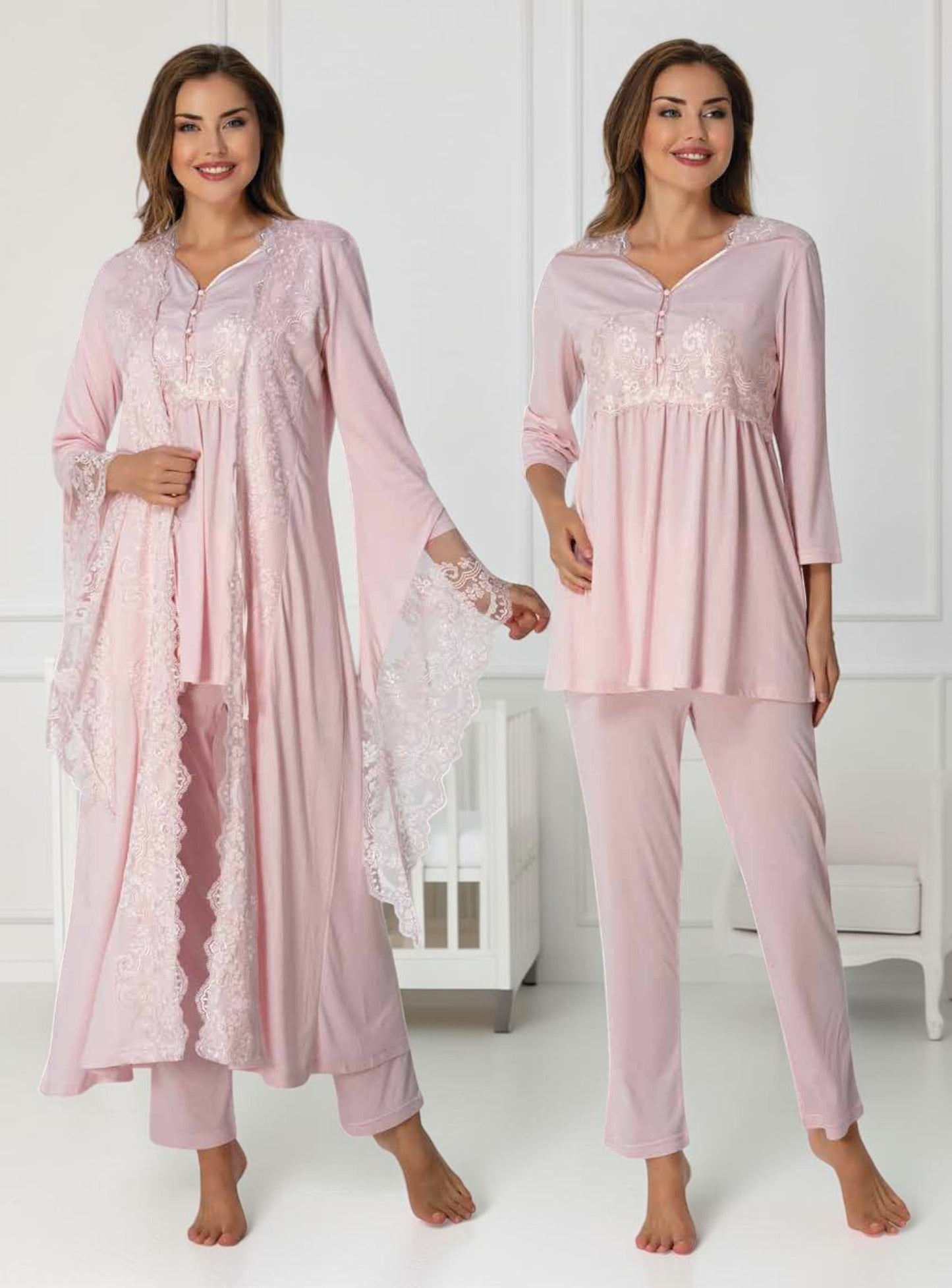Light Pink maternity pyjama & robe set by Mini Plum, long sleeve lace robe – nursing & breastfeeding nightwear, postpartum, hospital bag ready