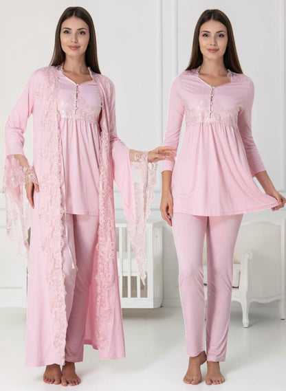Light Pink maternity pyjama & robe set by Mini Plum, long sleeve lace robe – nursing & breastfeeding nightwear, postpartum, hospital bag ready