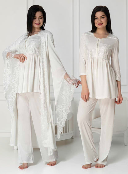 White maternity pyjama & robe set by Mini Plum, long sleeve lace robe – nursing & breastfeeding nightwear, postpartum, hospital bag ready