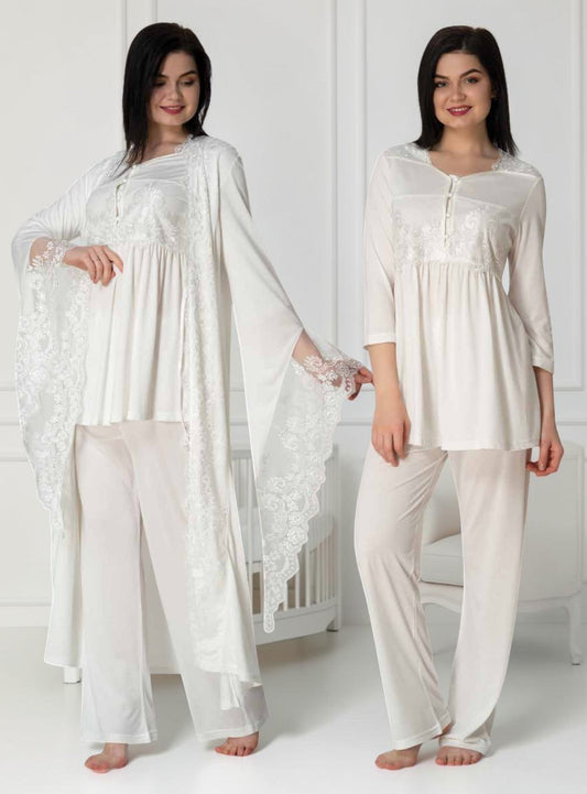 White maternity pyjama & robe set by Mini Plum, long sleeve lace robe – nursing & breastfeeding nightwear, postpartum, hospital bag ready