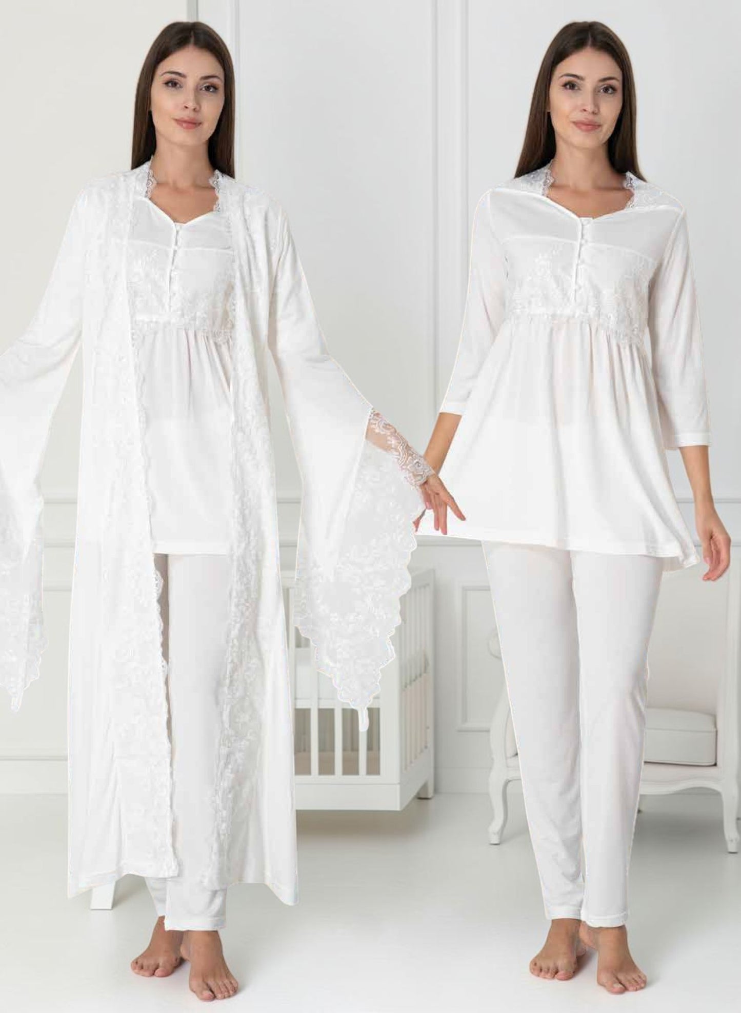 White maternity pyjama & robe set by Mini Plum, long sleeve lace robe – nursing & breastfeeding nightwear, postpartum, hospital bag ready