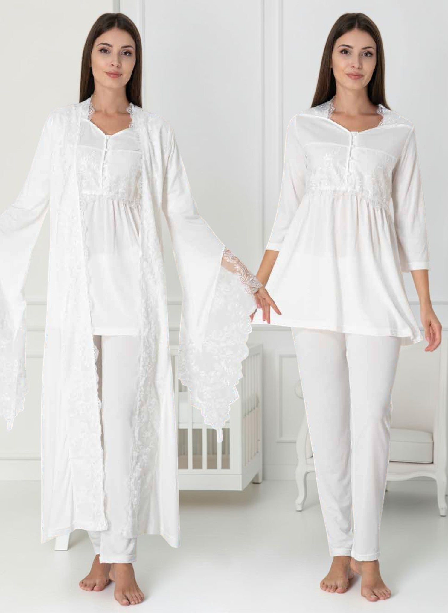 White maternity pyjama & robe set by Mini Plum, long sleeve lace robe – nursing & breastfeeding nightwear, postpartum, hospital bag ready