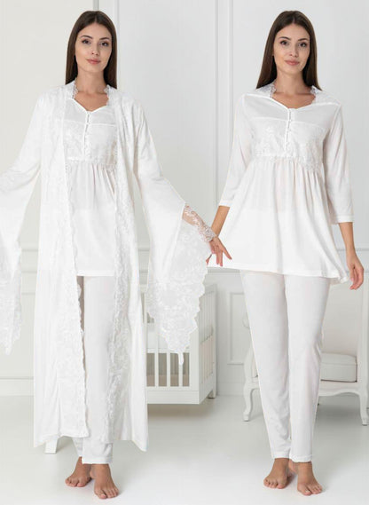White maternity pyjama & robe set by Mini Plum, long sleeve lace robe – nursing & breastfeeding nightwear, postpartum, hospital bag ready
