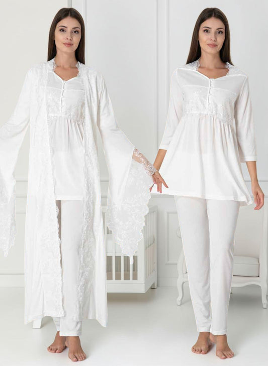 White maternity pyjama & robe set by Mini Plum, long sleeve lace robe – nursing & breastfeeding nightwear, postpartum, hospital bag ready