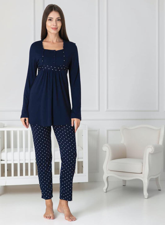 Navy maternity pyjamas by Mini Plum – long-sleeve nursing nightwear with square neck, breastfeeding-friendly, hospital bag ready