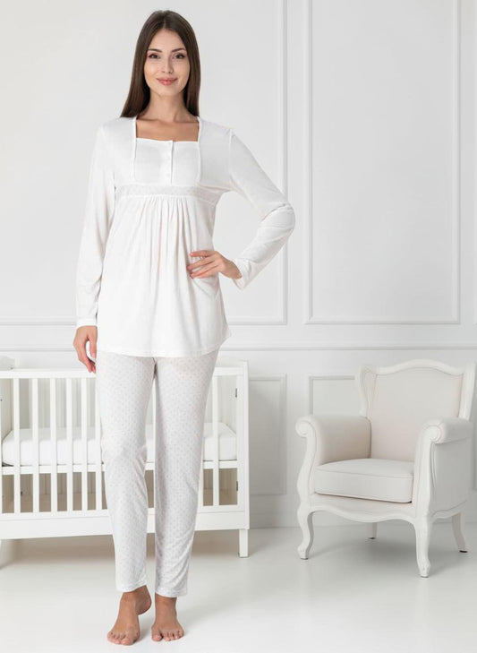 White maternity pyjamas by Mini Plum – long-sleeve nursing nightwear with square neck, breastfeeding-friendly, hospital bag ready