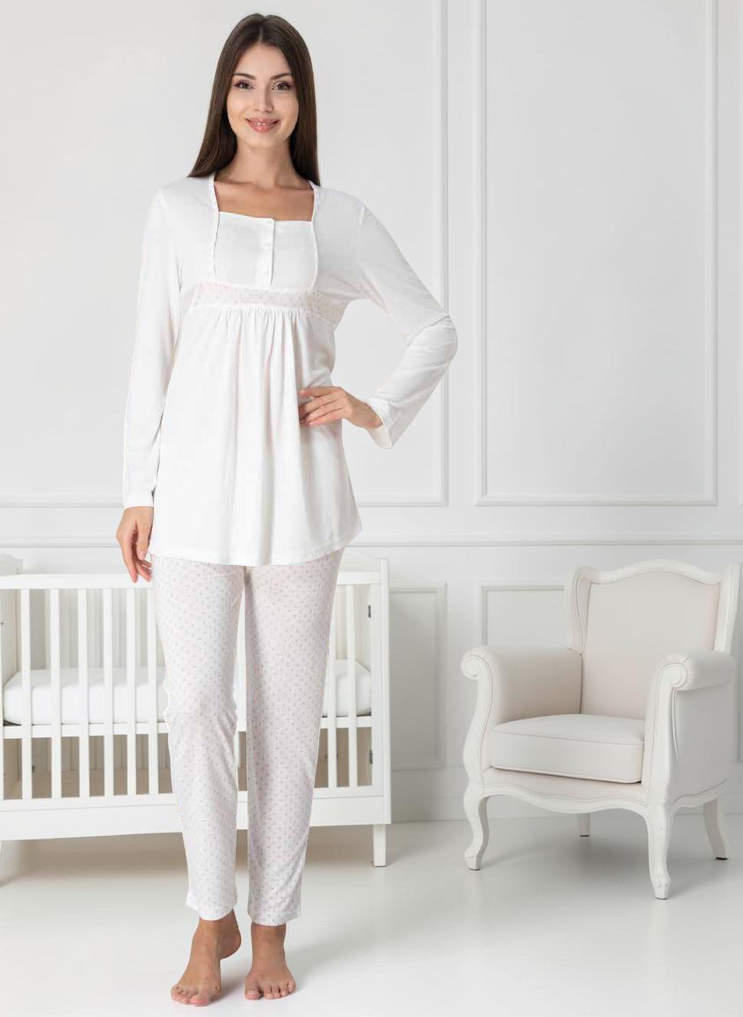 White maternity pyjamas by Mini Plum – button-front nursing opening and square neck, maternity & nursing