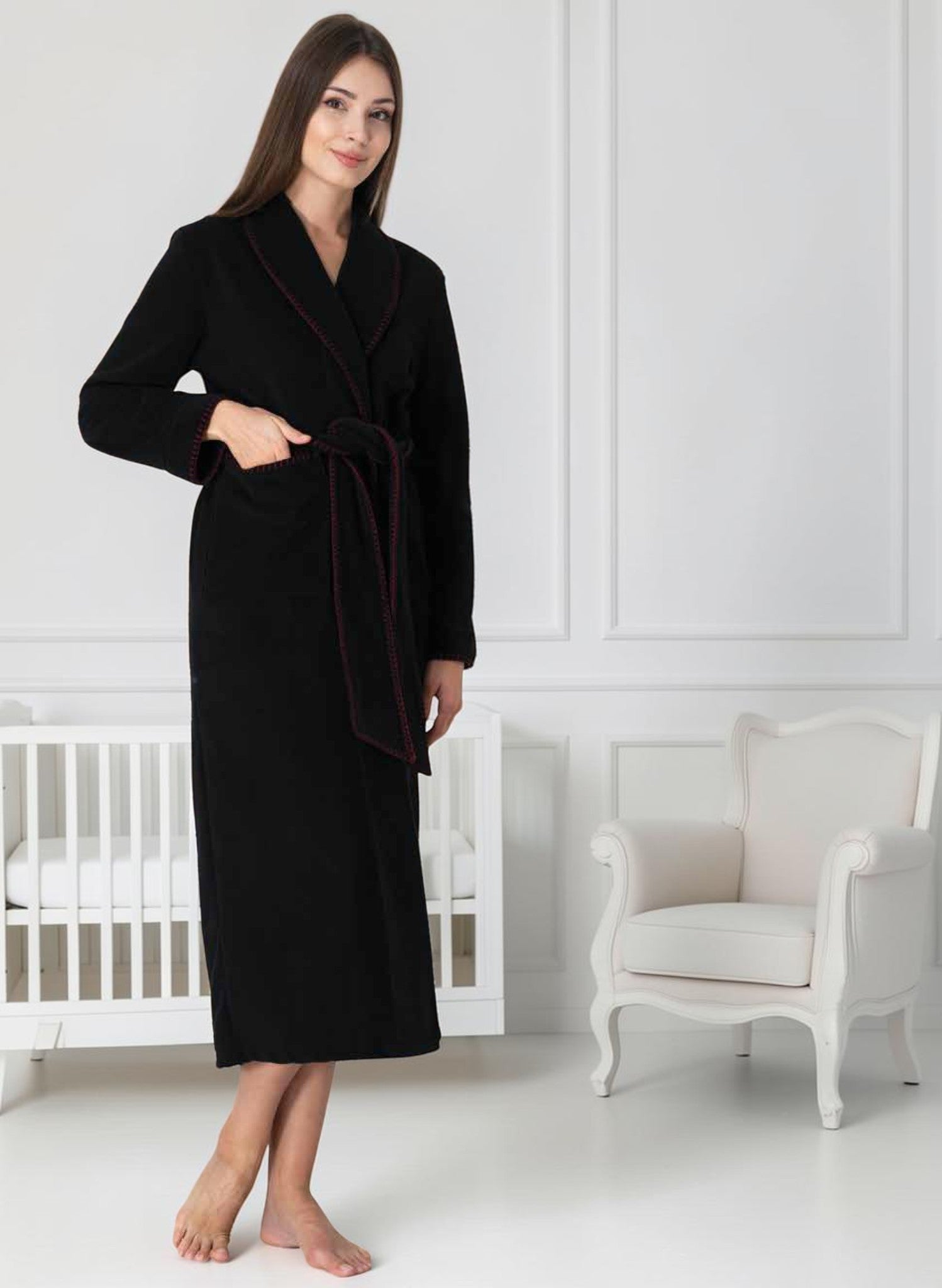 Black maternity robe by Mini Plum – long-sleeve nursing nightwear with shawl collar, breastfeeding-friendly, hospital bag ready