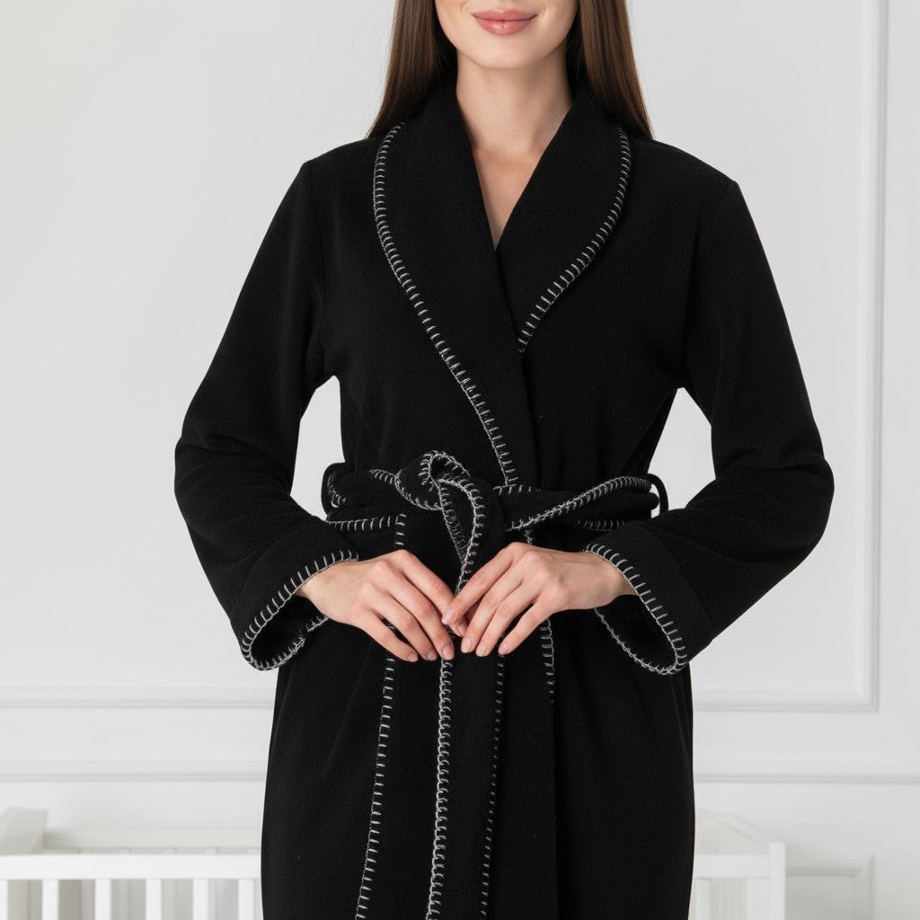 Black maternity robe by Mini Plum – long-sleeve bump-friendly fit, side view