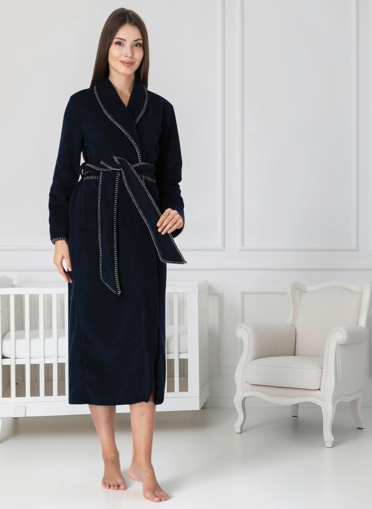 Navy maternity robe by Mini Plum – long-sleeve nursing nightwear with shawl collar, breastfeeding-friendly, hospital bag ready