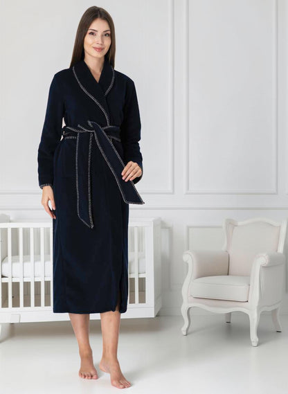 Navy maternity robe by Mini Plum – long-sleeve nursing nightwear with shawl collar, breastfeeding-friendly, hospital bag ready
