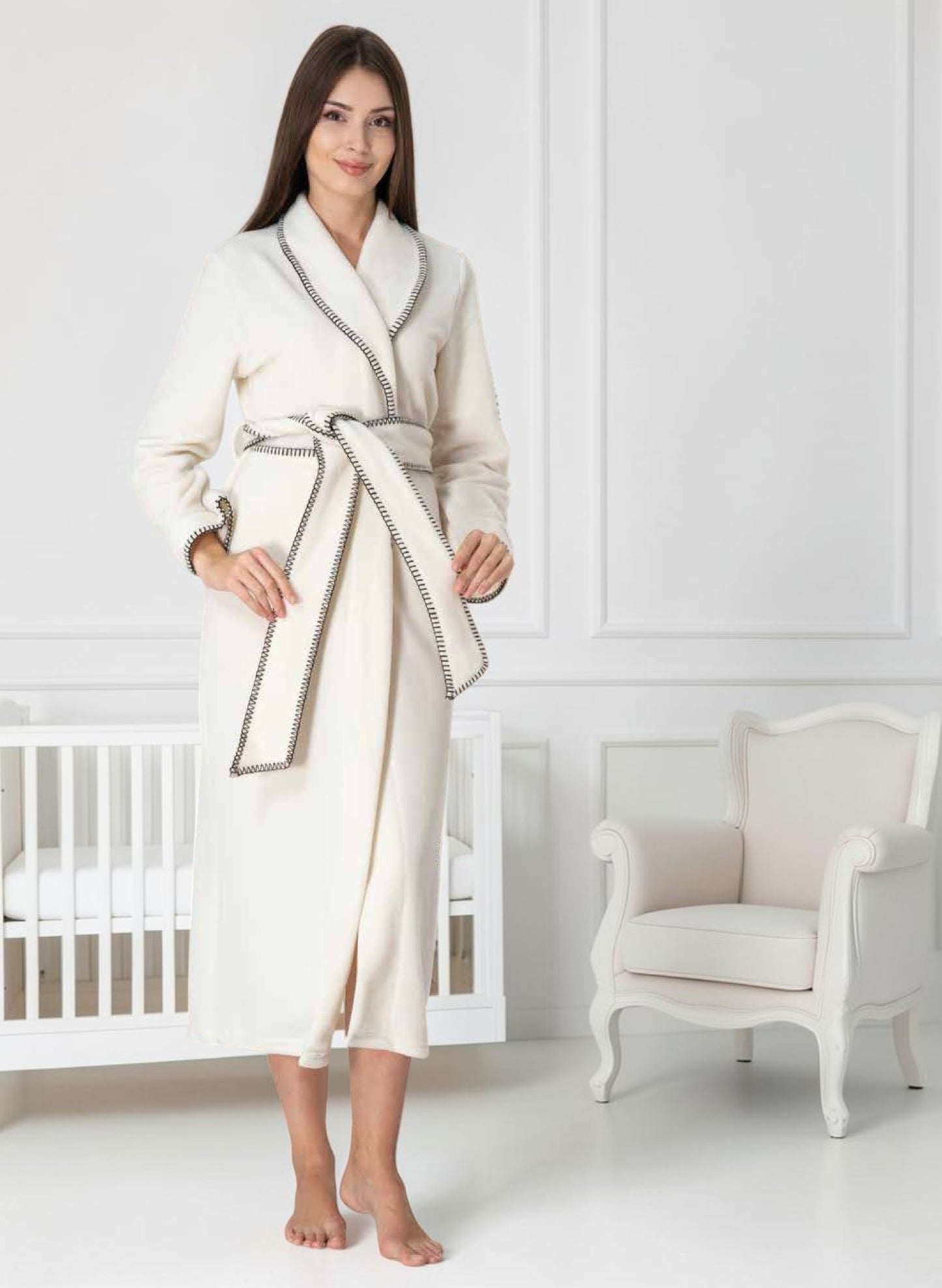 White maternity robe by Mini Plum – long-sleeve nursing nightwear with shawl collar, breastfeeding-friendly, hospital bag ready
