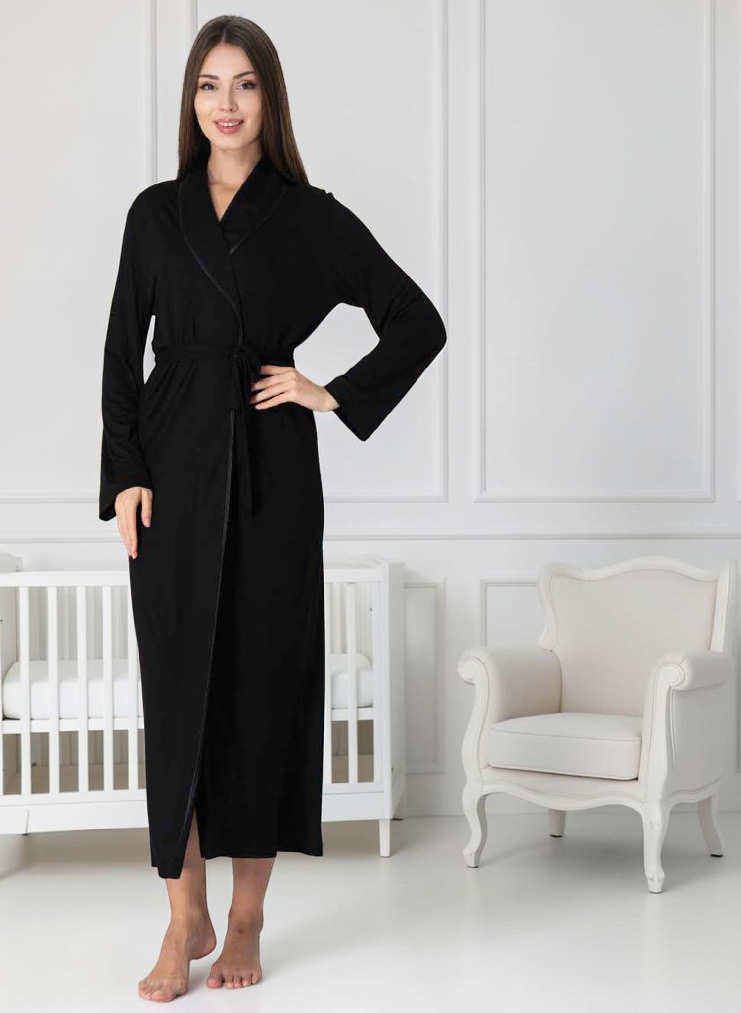 Blue maternity robe by Mini Plum – long-sleeve nursing nightwear with shawl collar, breastfeeding-friendly, hospital bag ready