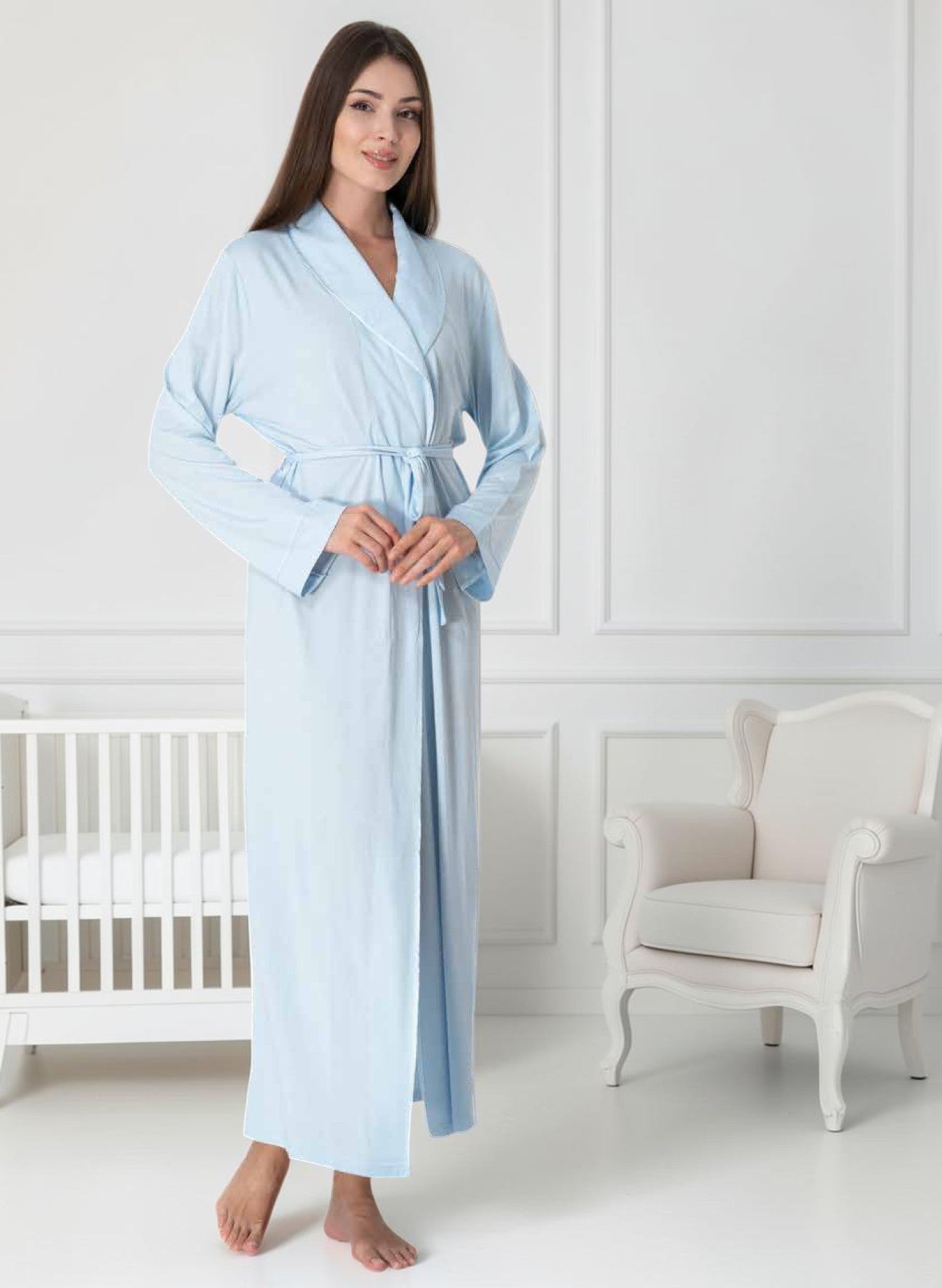 Navy maternity robe by Mini Plum – long-sleeve nursing nightwear with shawl collar, breastfeeding-friendly, hospital bag ready