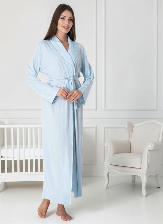 Navy maternity robe by Mini Plum – long-sleeve nursing nightwear with shawl collar, breastfeeding-friendly, hospital bag ready