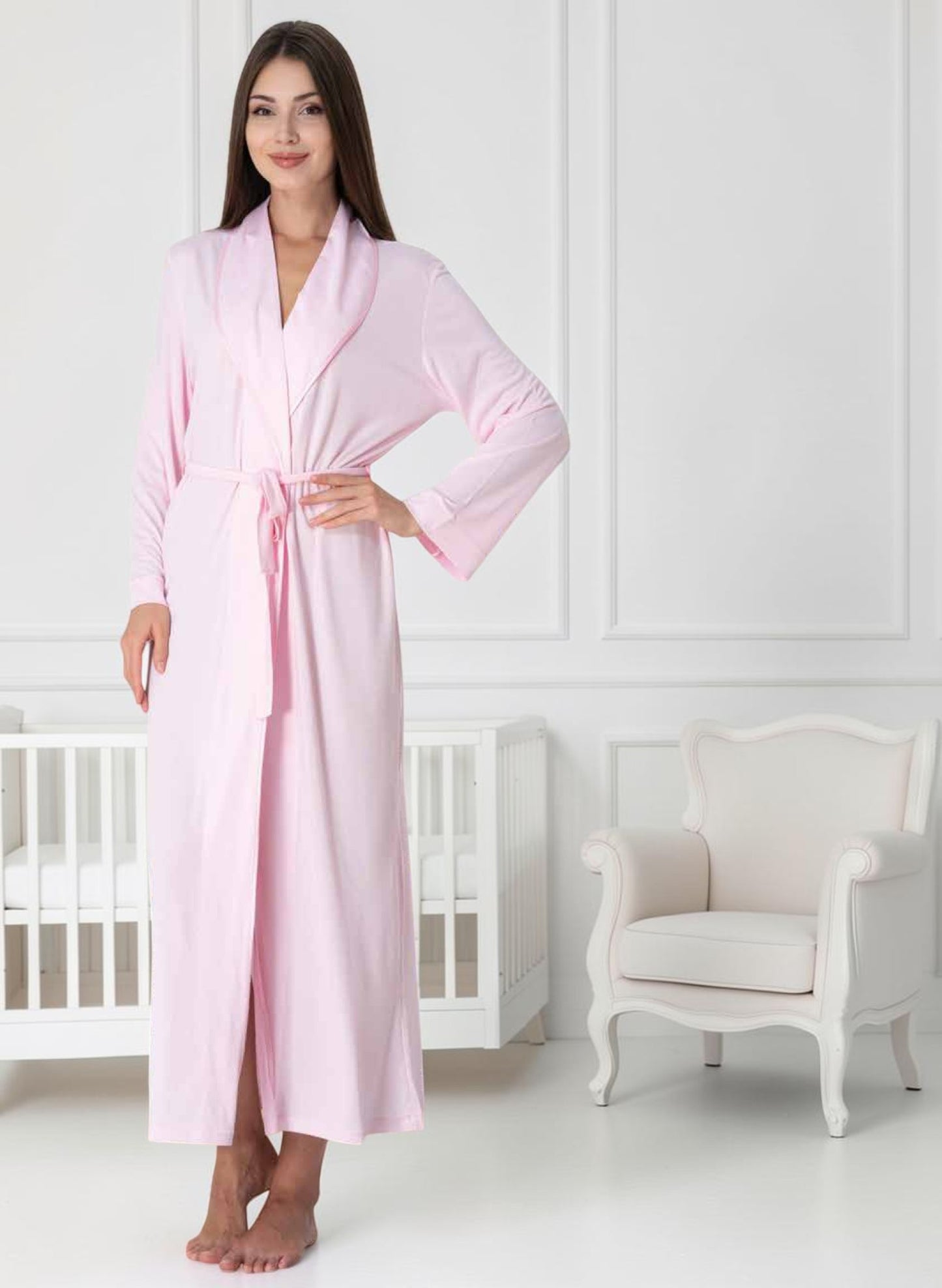 Pink maternity robe by Mini Plum – long-sleeve nursing nightwear with shawl collar, breastfeeding-friendly, hospital bag ready