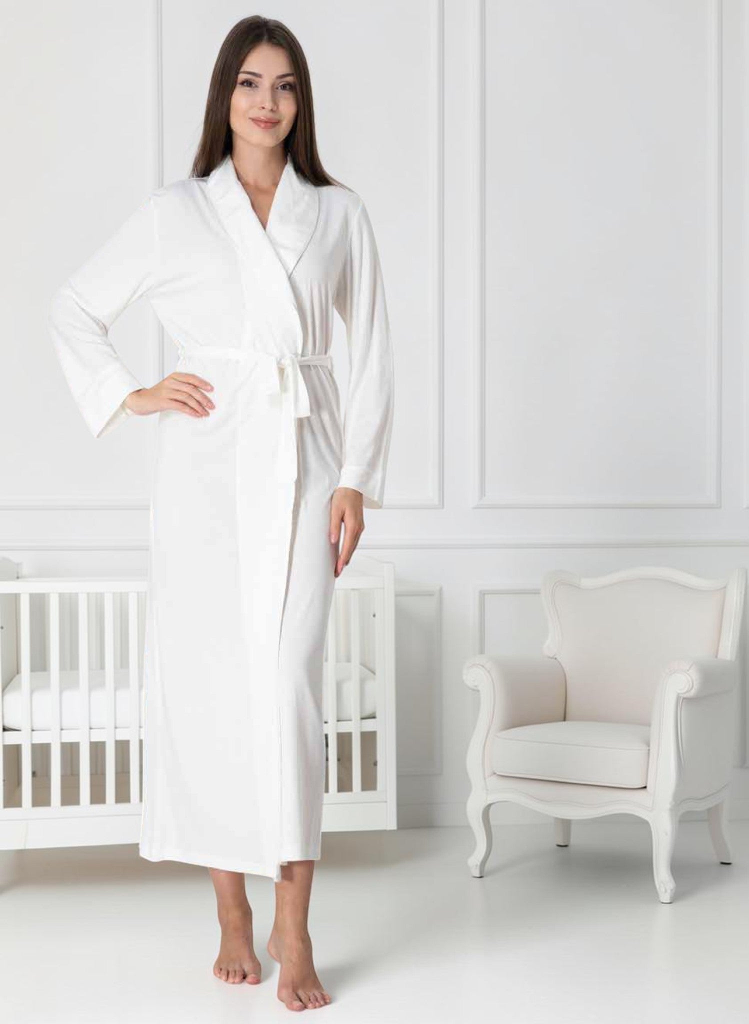 White maternity robe by Mini Plum – long-sleeve nursing nightwear with shawl collar, breastfeeding-friendly, hospital bag ready