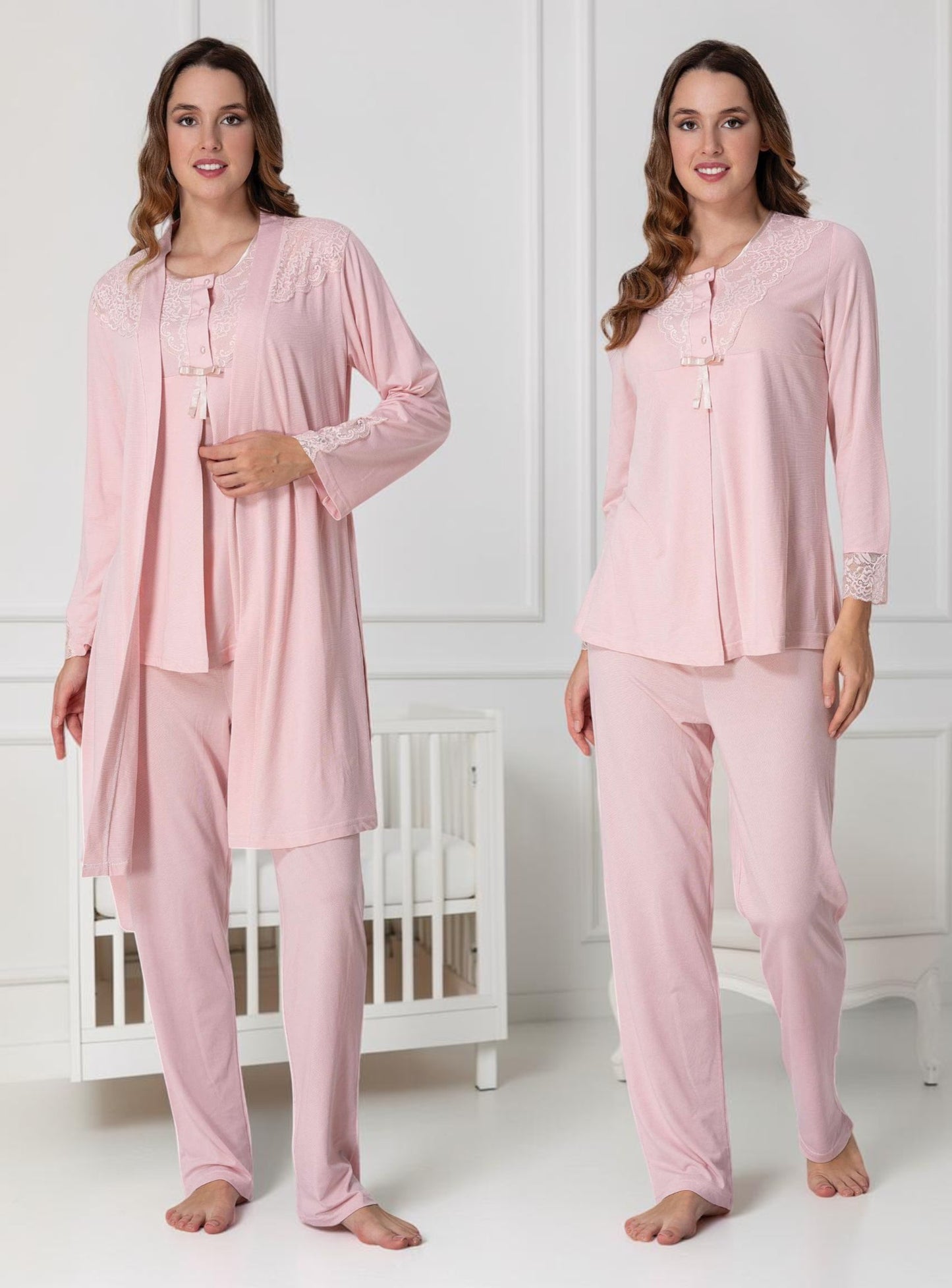 Light Pink maternity pyjama & robe set by Mini Plum – nursing maternity nightwear, breastfeeding button-down, hospital bag & baby shower gift