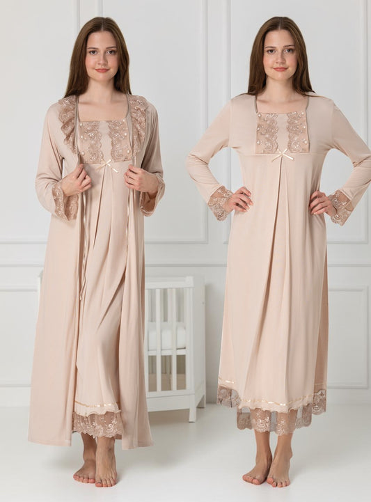 Beige nightie & robe set by Mini Plum – long-sleeve nursing nightwear with square neck, breastfeeding-friendly, hospital bag ready