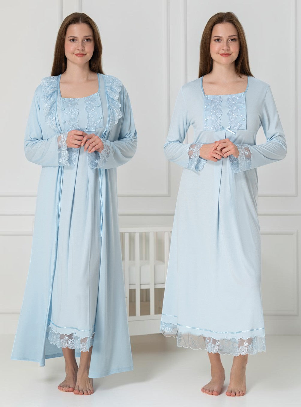 Blue nightie & robe set by Mini Plum – long-sleeve nursing nightwear with square neck, breastfeeding-friendly, hospital bag ready