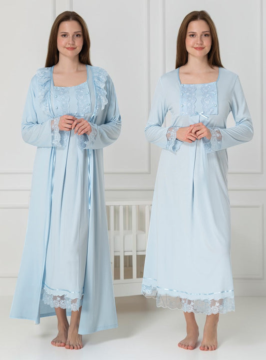 Blue nightie & robe set by Mini Plum – long-sleeve nursing nightwear with square neck, breastfeeding-friendly, hospital bag ready