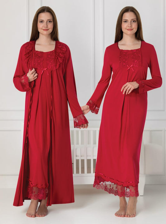 Cherry Red nightie & robe set by Mini Plum – long-sleeve nursing nightwear with square neck, breastfeeding-friendly, hospital bag ready