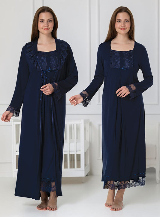 Navy nightie & robe set by Mini Plum – long-sleeve nursing nightwear with square neck, breastfeeding-friendly, hospital bag ready