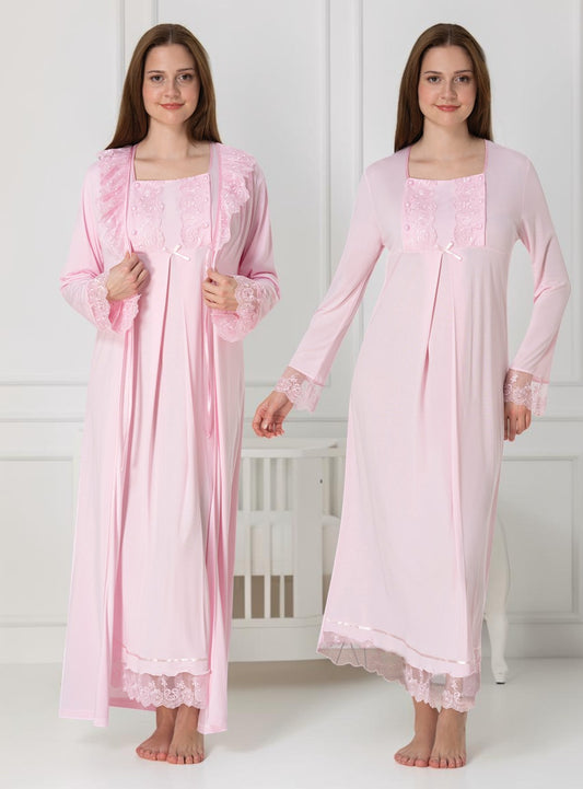 Pink nightie & robe set by Mini Plum – long-sleeve nursing nightwear with square neck, breastfeeding-friendly, hospital bag ready