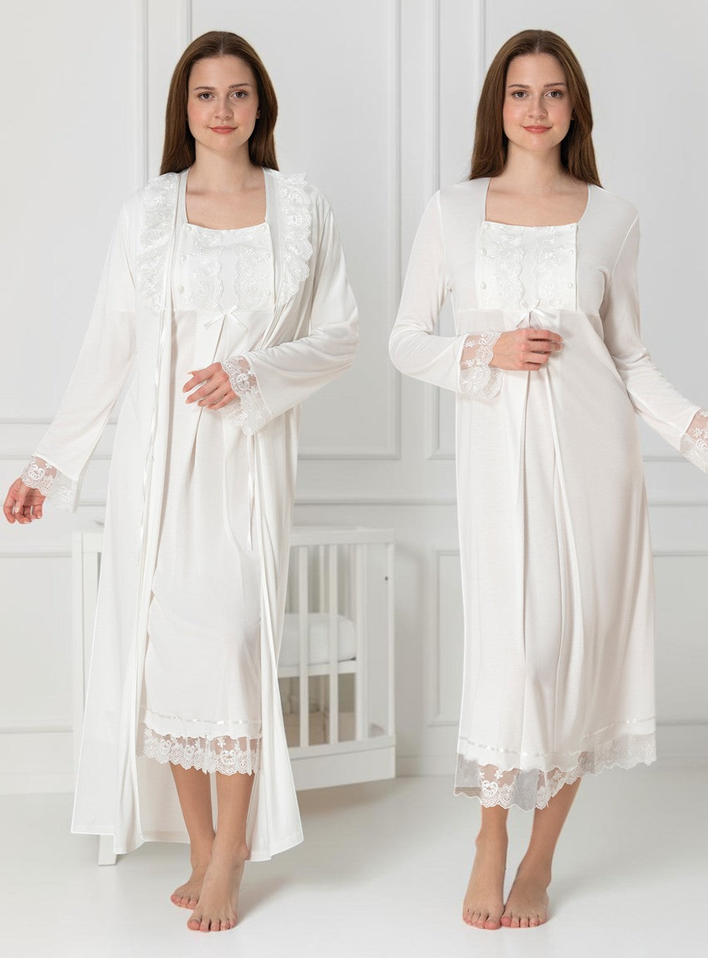 White nightie & robe set by Mini Plum – long-sleeve nursing nightwear with square neck, breastfeeding-friendly, hospital bag ready