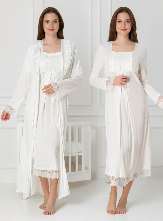 White nightie & robe set by Mini Plum – long-sleeve nursing nightwear with square neck, breastfeeding-friendly, hospital bag ready