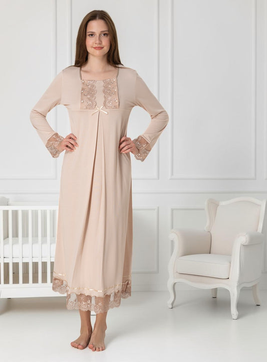 Beige nightie & robe set by Mini Plum – long-sleeve nursing nightwear with square neck, breastfeeding-friendly, hospital bag ready