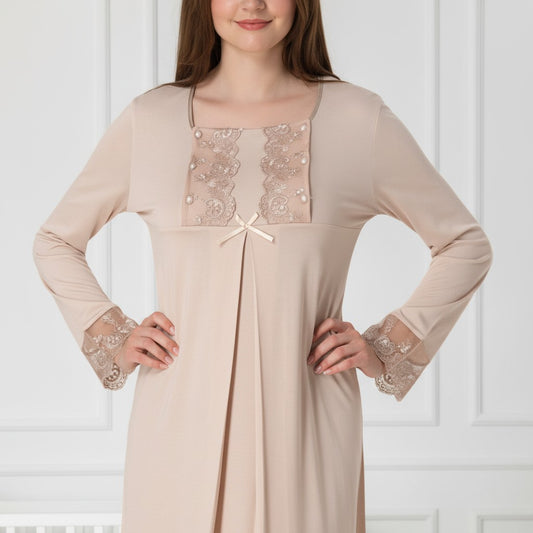Beige nightie & robe set by Mini Plum – lace detail and square neck, maternity & nursing