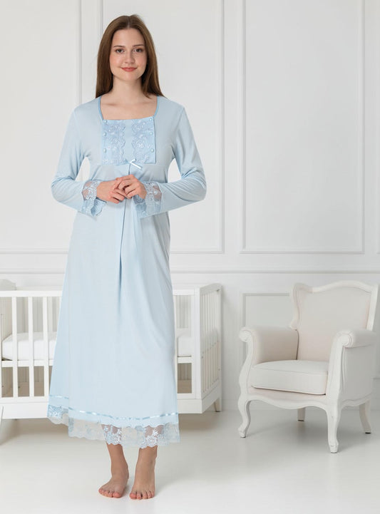 Blue nightie & robe set by Mini Plum – long-sleeve nursing nightwear with square neck, breastfeeding-friendly, hospital bag ready