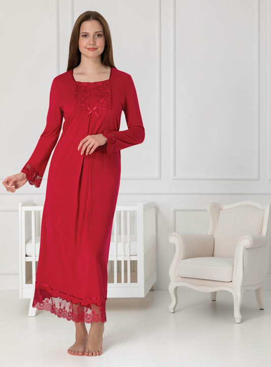 Cherry Red nightie & robe set by Mini Plum – long-sleeve nursing nightwear with square neck, breastfeeding-friendly, hospital bag ready