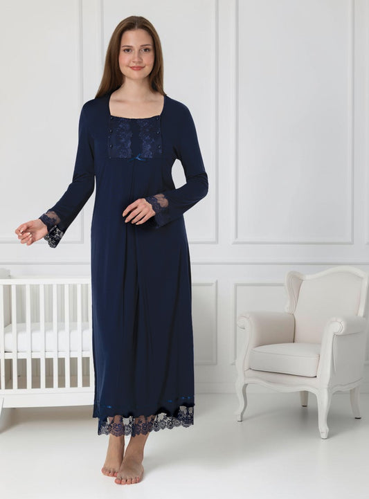 Navy nightie & robe set by Mini Plum – long-sleeve nursing nightwear with square neck, breastfeeding-friendly, hospital bag ready